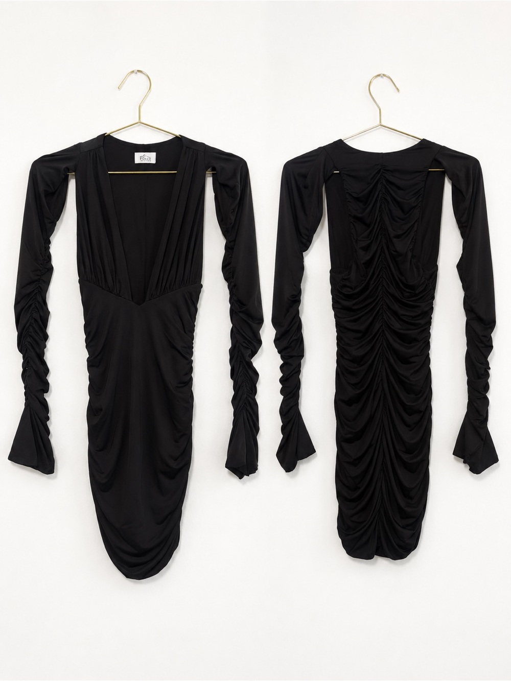 Oh Polly Black Ruched Deep V Mini Dress